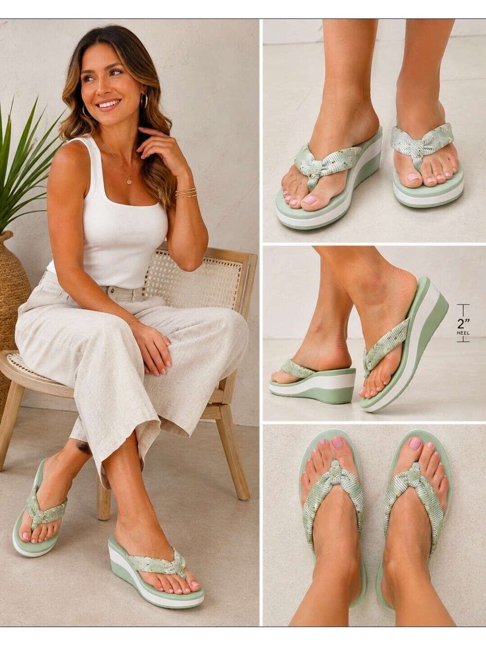 Clarks Cloudsteppers Women’s Size 12 Sage Green Floral Knot Wedge Flip Flops